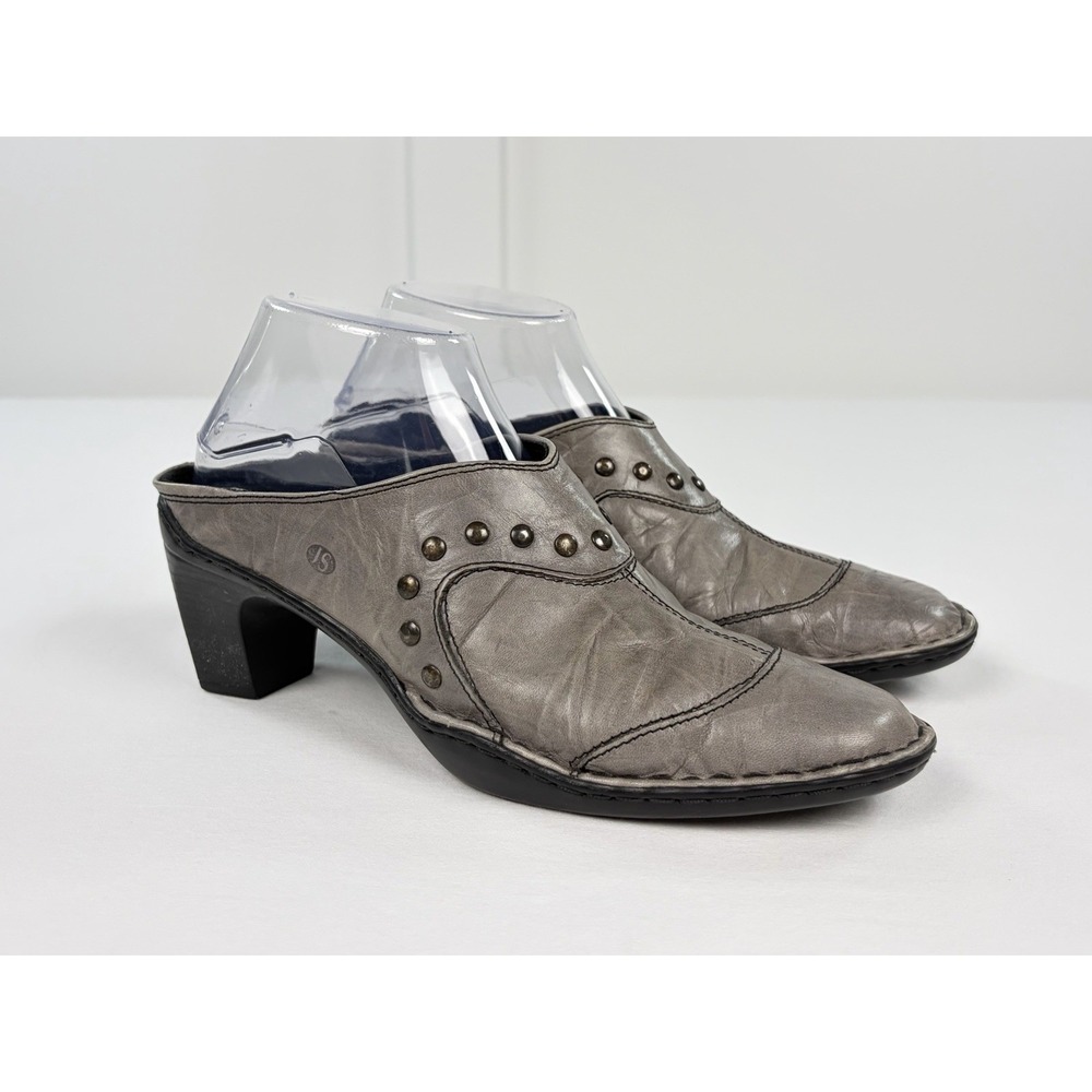 Josef Seibel Grey Leather Studded Heeled Mules Clogs Comfort Shoes Women 7 38